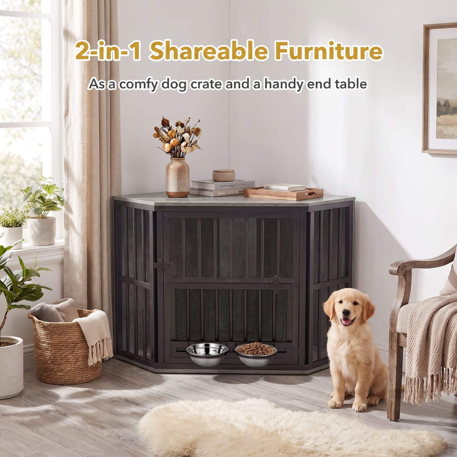 Vebreda Dog Crate Furniture, 35.5 inches Wooden Dog Kennel End Table with 3-Position Dog Bowl Rack, Space-Fit Corner Shape Design