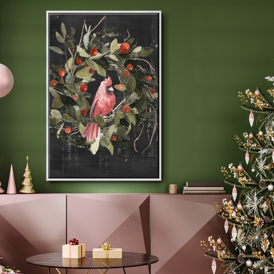 Christmas Cardinal II - Framed Gallery Wrapped Holiday Canvas - 27 x 41 - White Frame