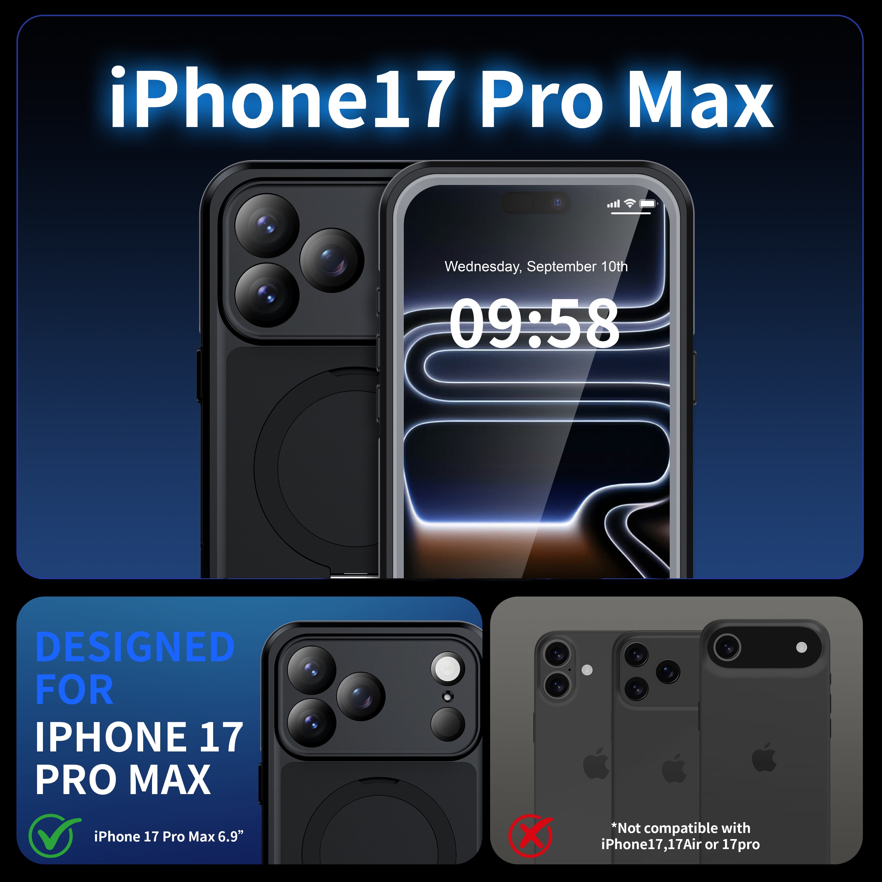ANTSHARE Magnetic for iPhone 17 Pro Max Case Waterproof, Ring Invisible Stand Shockproof Protective Phone Case 6.9''