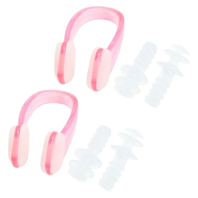 2 Pcs Swim Swimming Clear Pink Nose Clip Flexible Earplugs Clear Set
