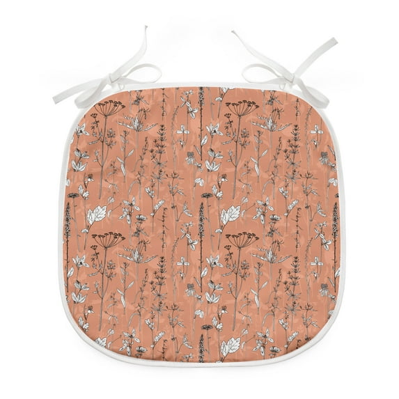 Botanical Dining Chair Pad, Design Plants Herbs and Flowers Repetitive Pattern, Water Resistant Pillow with Straps for Kitchen Seats, 12 Pieces Set, Salmon Dark Brown, by Ambesonne