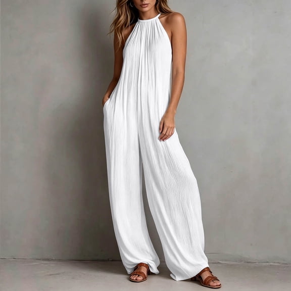 Women's Wide Leg Jumpsuits Adjustable Strap Sleeveless Stretchy Long Pant Casual Jumpsuit with Pockets(White,XXL)
