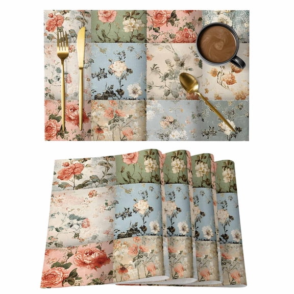Spring Floral Placemats Set of 8, Patchwork Style Flower Non-Slip Place Mats Washable Table Mats for Kitchen Dining Table Decorations Indoor/Outdoor