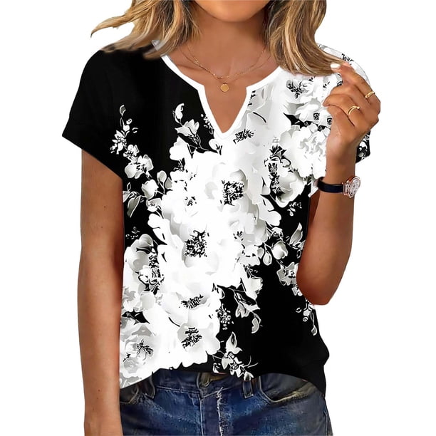 Camisetas de Manga Corta de Verano para las Mujeres No Posicionadas Impresas con Cuello en V de Color Sólido, Camisetas de Verano de Manga Corta de las Mujeres