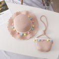 thumbnail image 1 of Sombrero de paja para niños de color sólido con forma de bola pequeña, tejido, moderno, para verano, para playa, viajes, conjunto de bolso, 1 of 5