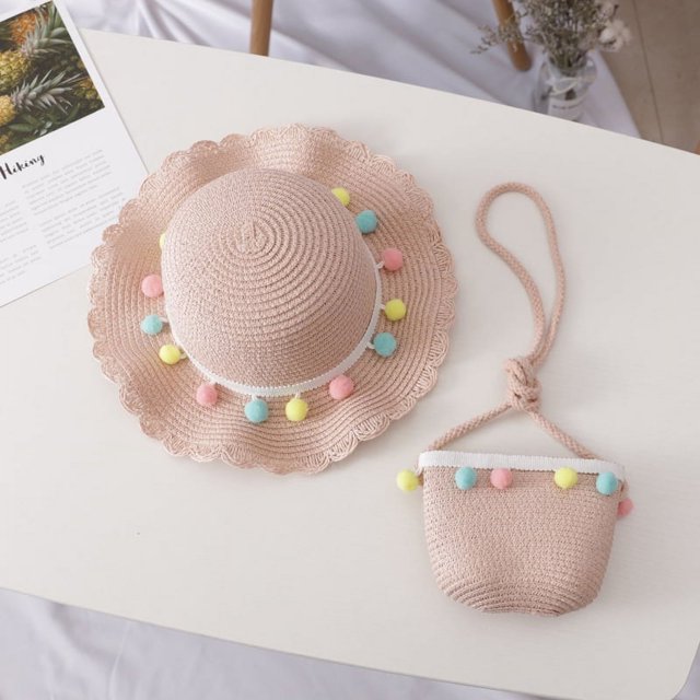 Sombrero de paja para niños de color sólido con forma de bola pequeña, tejido, moderno, para verano, para playa, viajes, conjunto de bolso