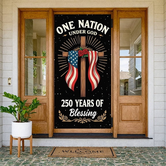 Vintage Typography One Nation Under God Banner Red Rose Decor Patriotic Backdrop Cross Motif Religious National Display for US 250th Anniversary Church Events Patriotic Gatherings