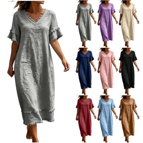 akafmk Summer Womens Linen Dresses V Neck Ruffle Short Sleeve Maxi Dress Loose Solid Color Casual Vacation Dress, Size L