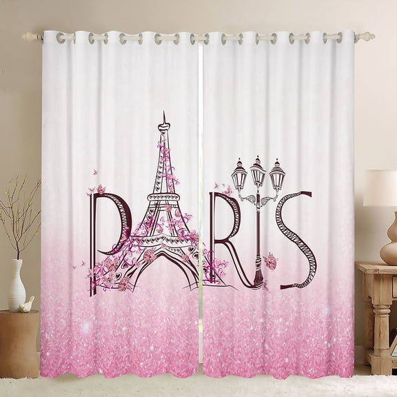 Homewish Girly Pink Eiffel Tower Black Out Curtains, Glitter Diamond Curtains Pack of 2 (42x63 Each), Couple Anniversary Theme Bedroom Curtains, Curtains and Drapes Decor