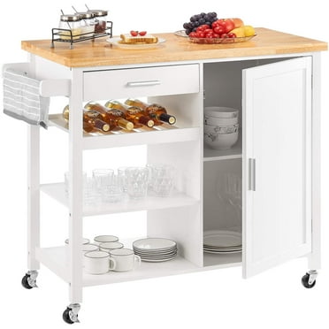 Homfa White Kitchen Island Cart on Wheels with Cabinet & Drawer & 3 Shelves, Rolling Storage Cart with Adjustable Shelves for Dining Room