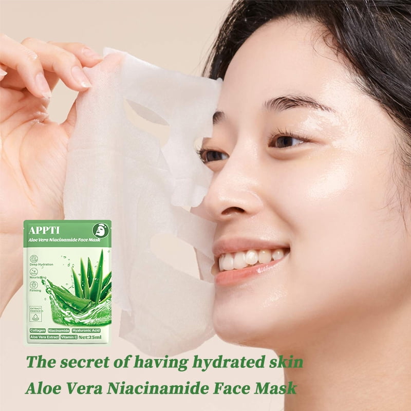 20PCS APPTI Aloe Vera Niacinamide Face Mask – Soothing & Brightening Treatment for Calming Irritation, Minimizing Pores & Balancing Tone for a Clear, Even & Hydrated Complexion.