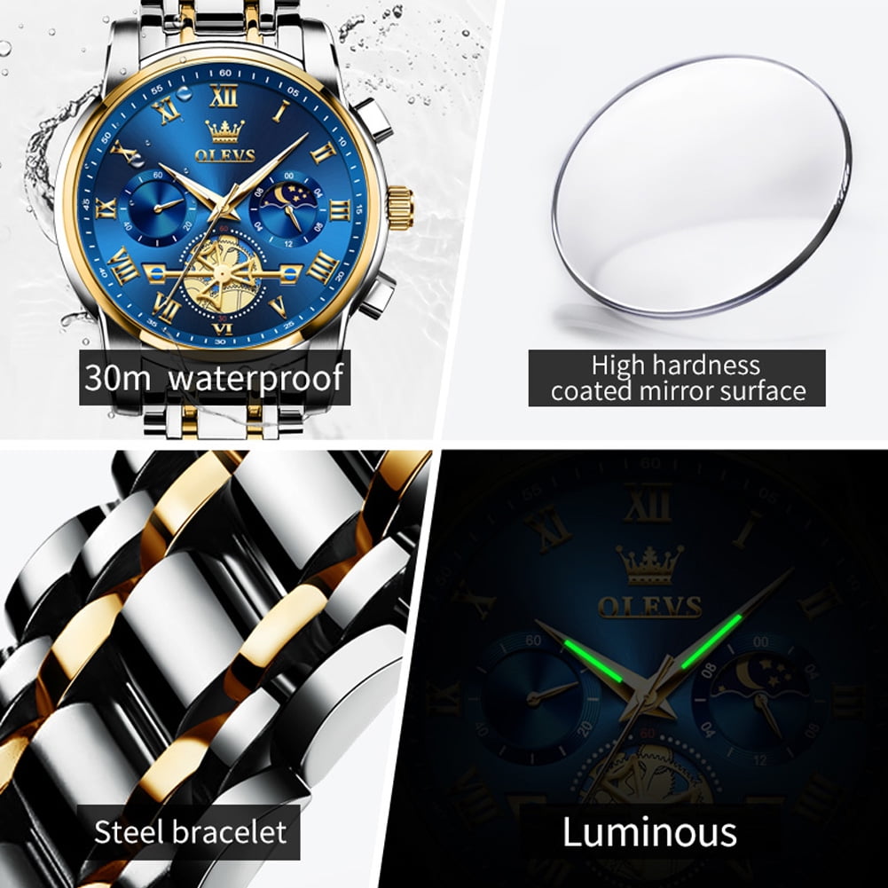 OLEVS Mens Watches Chronograph Business Dress Quartz Stainless Steel Waterproof Luminous Date Wrist Watch For Men Blue Dial
