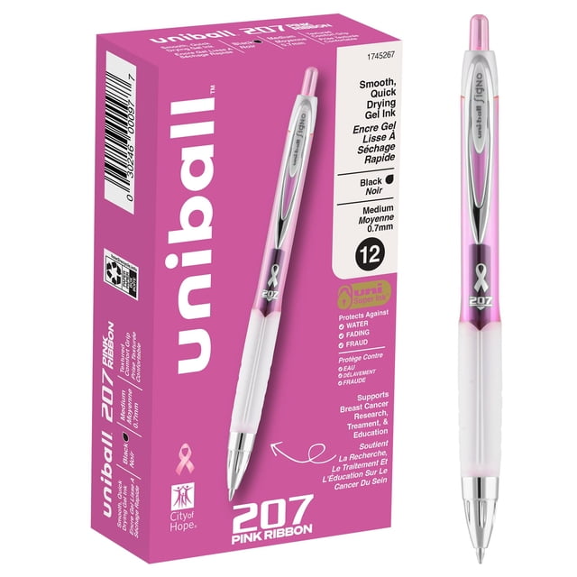uni-ball 207 Retractable Gel Pens, Medium Point (0.7mm), Black, Pink Ribbon Edition, 12 Count