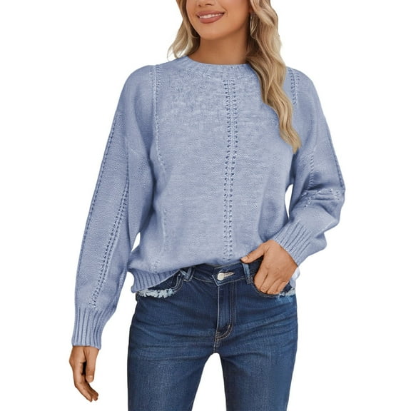 FYDUU Womens Sweaters Tops Trendy Women's Knitted Pullover Sweater Casual Loose Fit Hollow Out Round Neck Long Sleeve Shirts Autumn Comfortable Soft Top Basic Knit Sweater