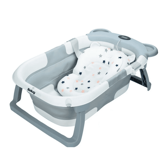 Bañera Tina Bebe Con Cojín 2pz Belug, Gris con Blanco