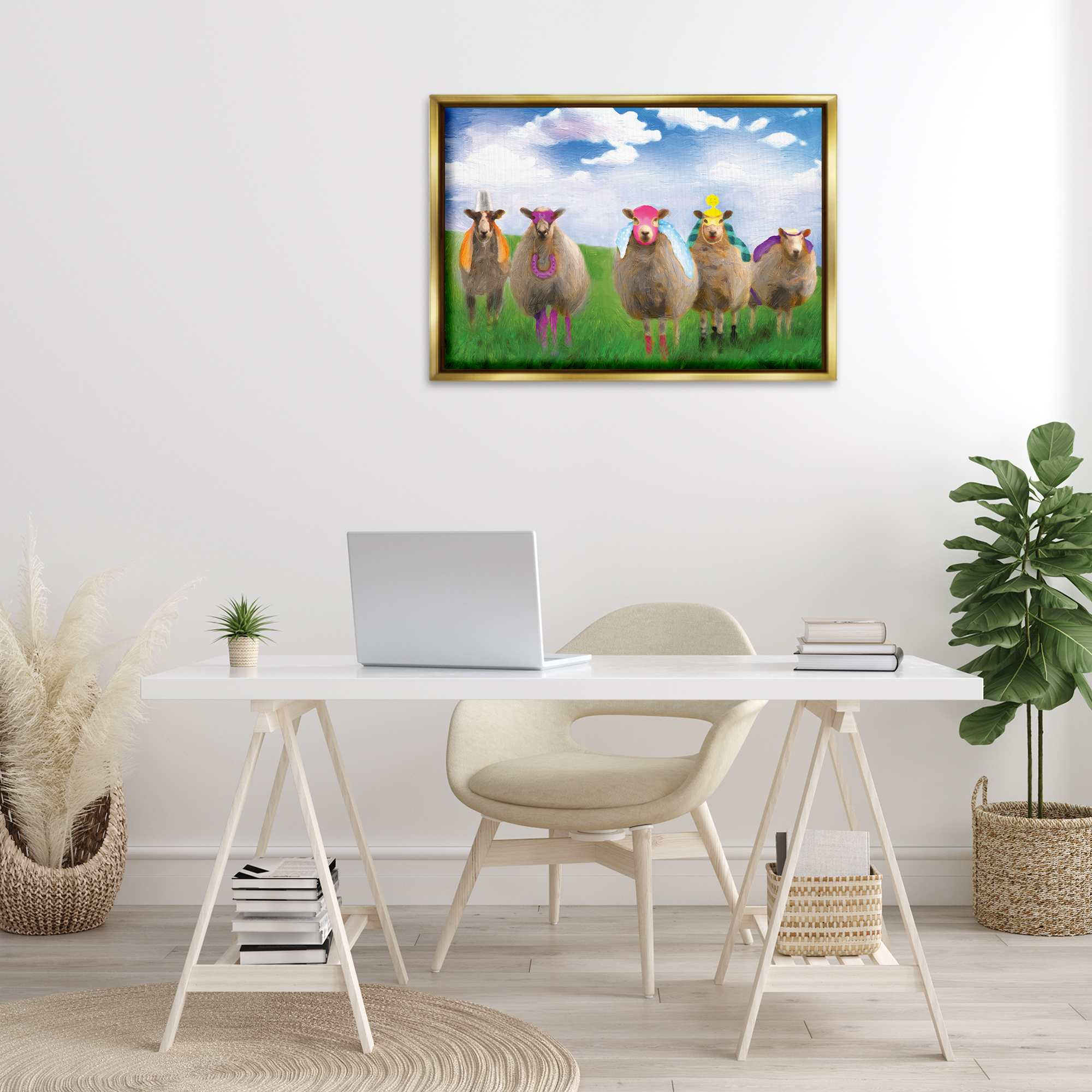 Stupell Industries Superhero Sheep in Field Animals & Insects Painting Gold Floater Framed Canvas Art Print Wall Art, 31 x 21