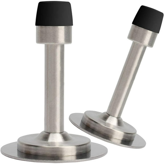 No Need to Drill/Screw in Wall Mounted Door Stopper, 3M Self Adhesive Tape Stainless Steel Doorstops, Rubber Bumper Tip, Pack of 2 Wall Protector Bedroom Door Stops, 3 Inches Height, Silver