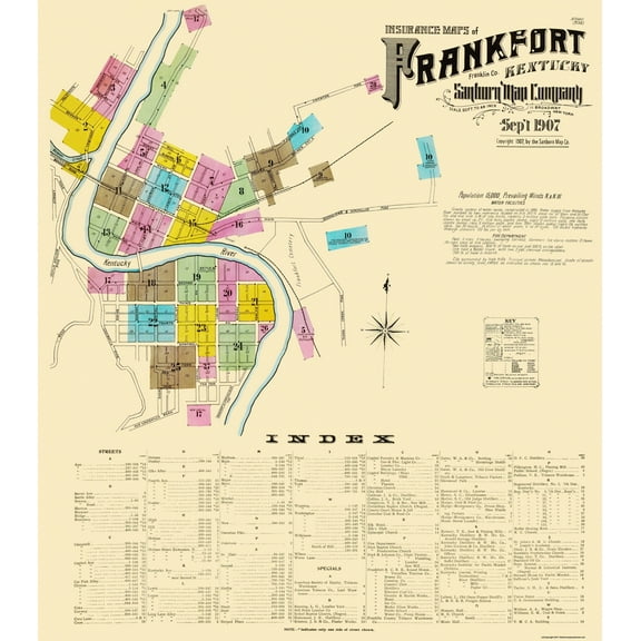 Historic City Map - Frankfort Kentucky - Sanborn 1907 - Vintage Wall Art
