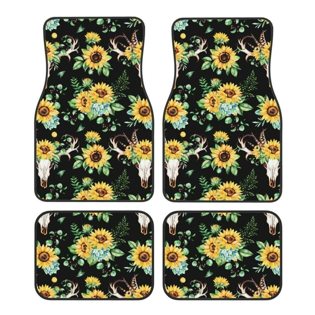 Kdxio Sunflower Skull Boho Print Car Floor Mats Universal SUV Front Rear Floor Foot Mats 4-Piece Full Set with Non-Slip Rubber Backing Car Accessories for Most Cars