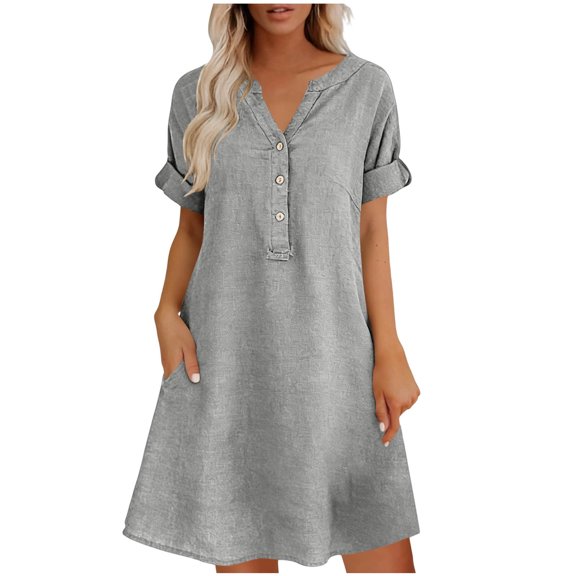 Yyuenw Summer Cotton Linen Dress Women V neck Short Sleeve Button Placket Loose Casual Vacation Dresses