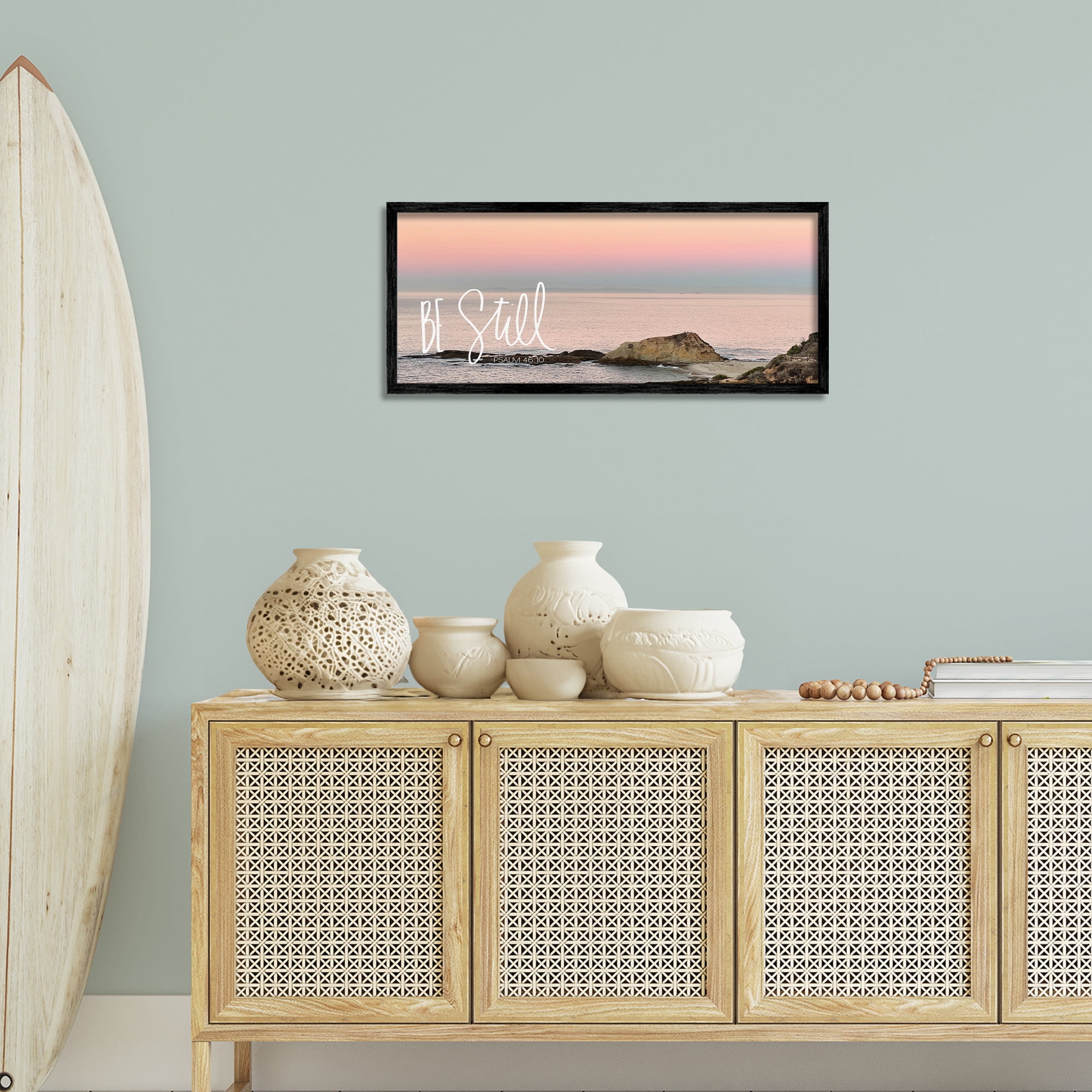 Stupell Industries Be Still Peaceful Beach Landscape Painting Black Framed Art Print Wall Art, 30 x 13