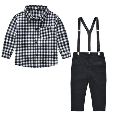 

Toddler Kids Baby Boys Girl Fashion Gentleman British Style Lattice Pattern Print Long Sleeves Casual Shirt Overalls Suit
