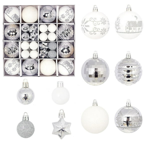 LanSuare 44Pcs Christmas Balls Ornaments, 2.3Inch Stripe Pattern Silvery & White Glittering Balls, Shatterproof Hanging Ornaments for Xmas Tree, Party Decoration