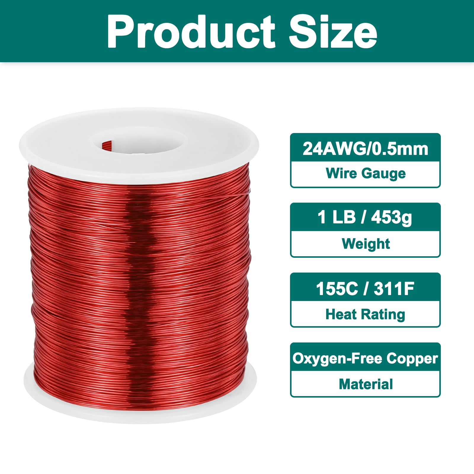 Uxcell 24 AWG Magnet Wire, 24 Gauge Enameled Copper Wire, 1 lb Magnetic Coil Wire for Transformer, Motor, Electric, 155C(311F)