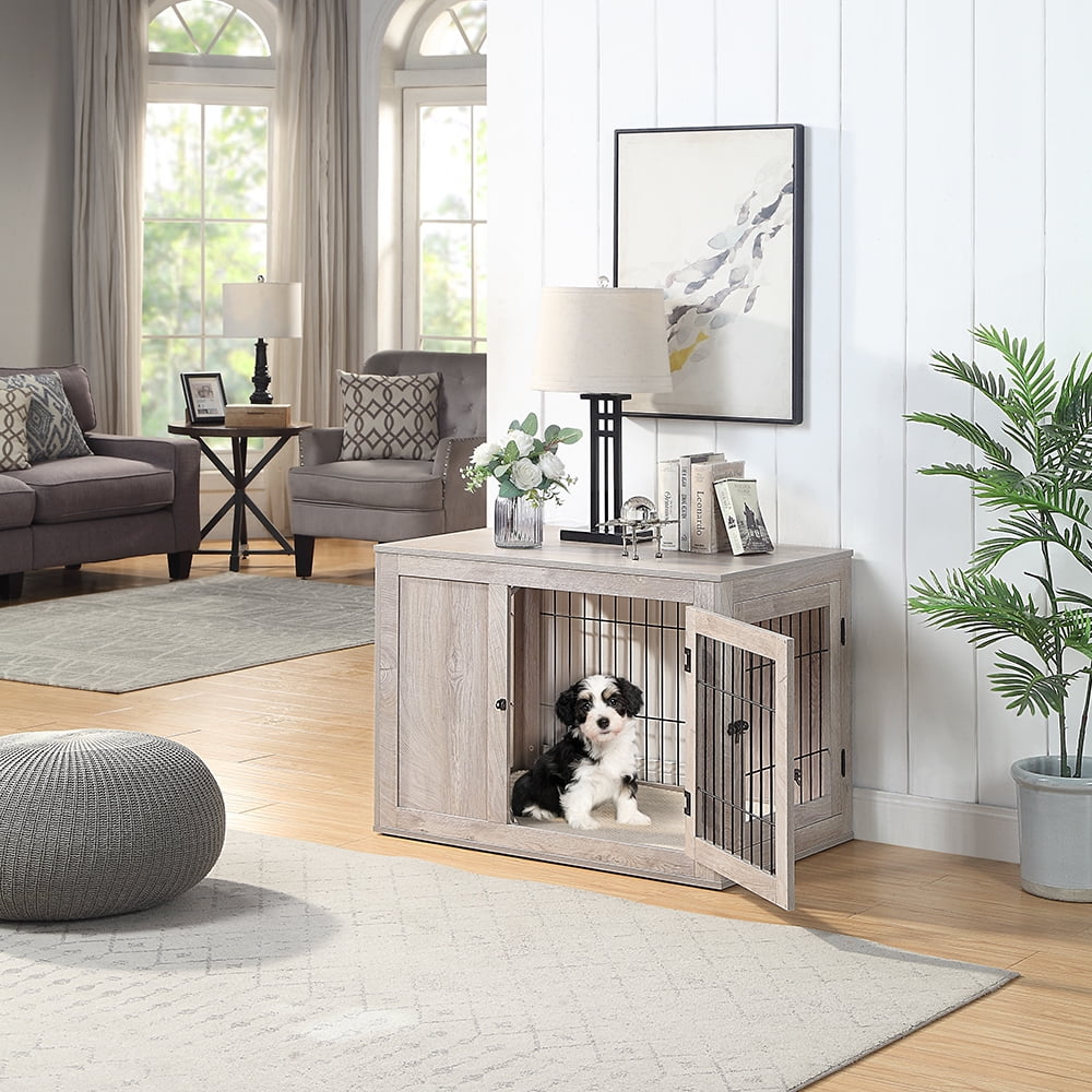 Unipaws Furniture Style Dog Crate, Wooden Dog House with Double Doors, Weathered Gray