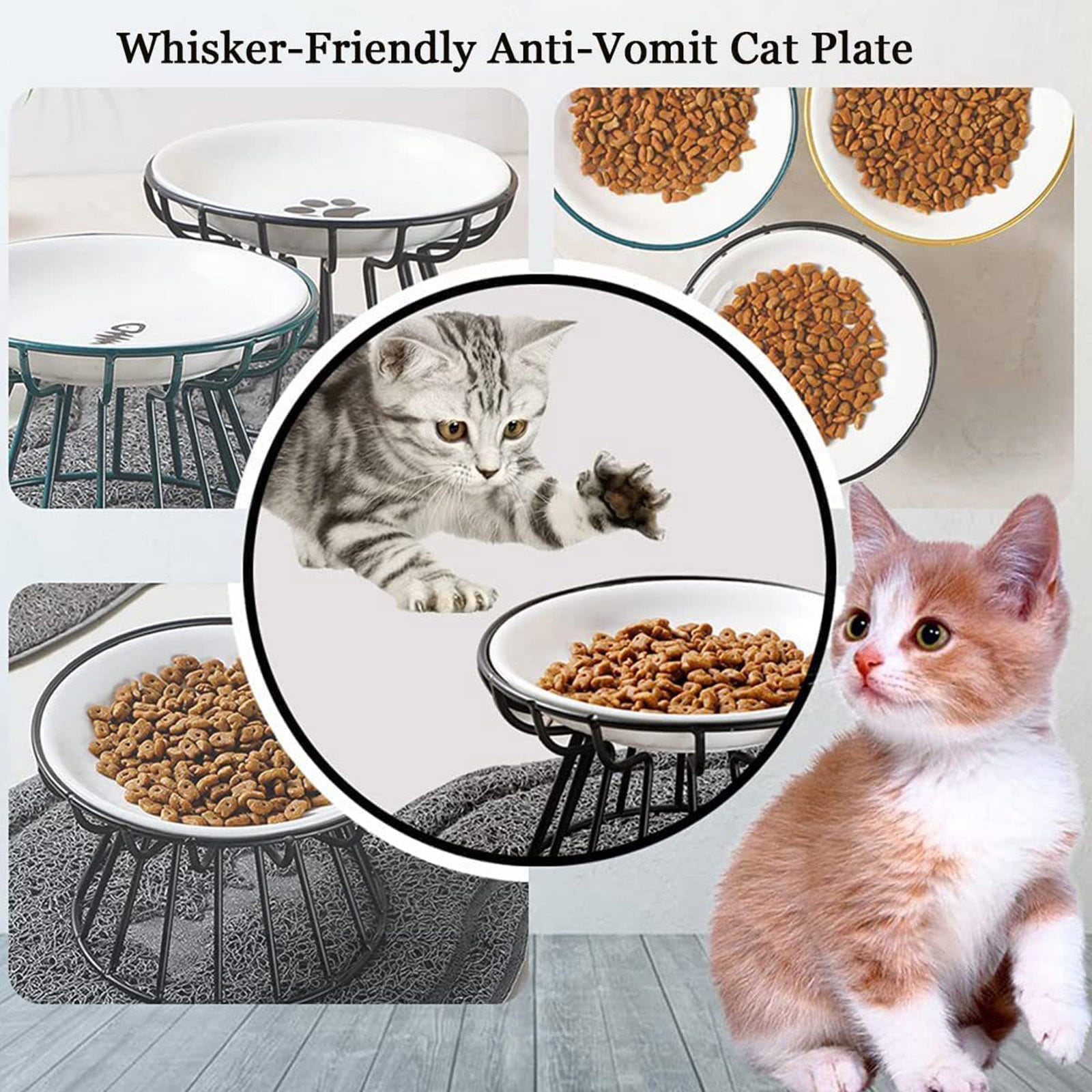 2025 New Raised Ceramic Cat Bowl with Metal Stand - Elevated Pet Dish for Cats & Small Dogs - Anti-Vomit Shallow Food Plate with Gold Paw Design
