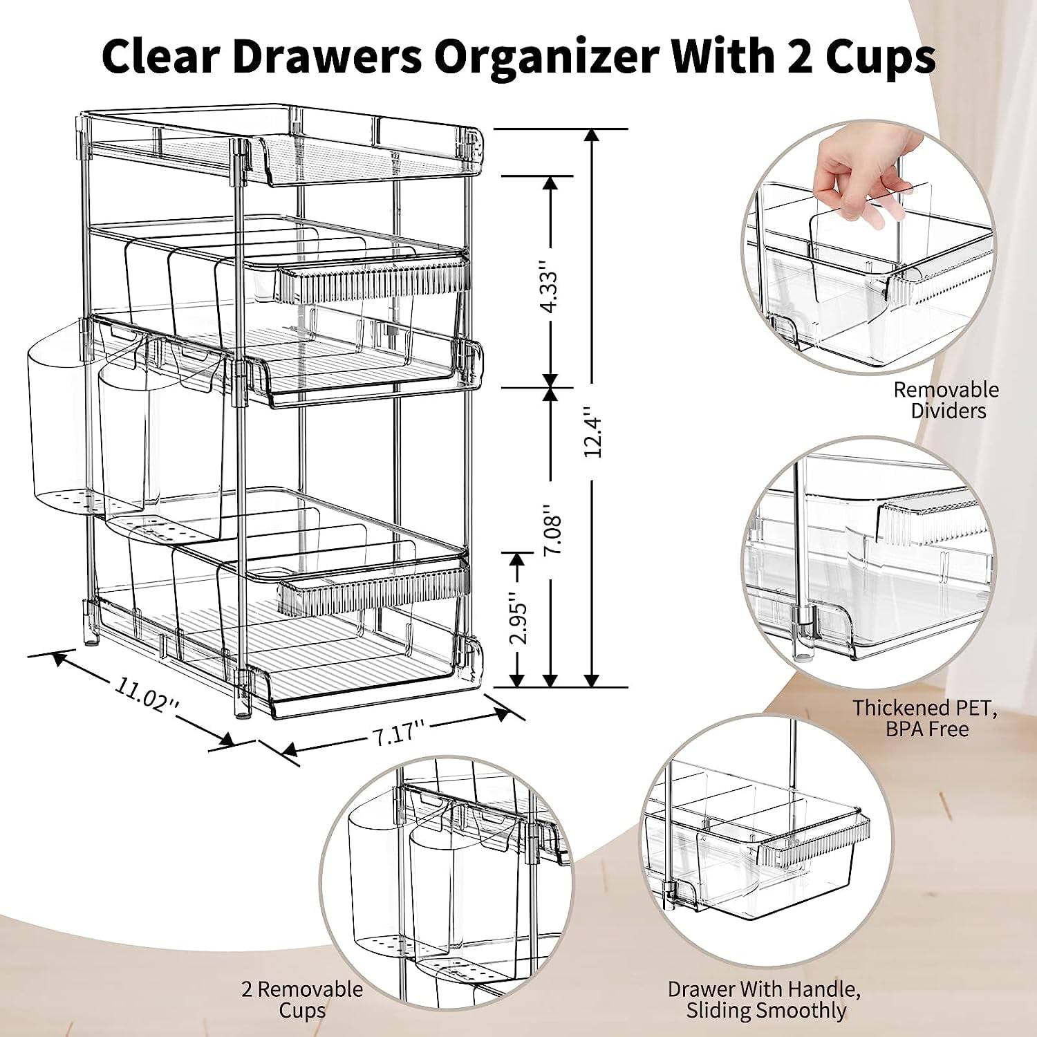 CNDREAM 3 Tier Clear Bathroom Organizer with Dividers 2 Pack, Multi-Purpose  Slide-Out Storage Container,Bathroom Vanity Counter Organizing Tray,Under