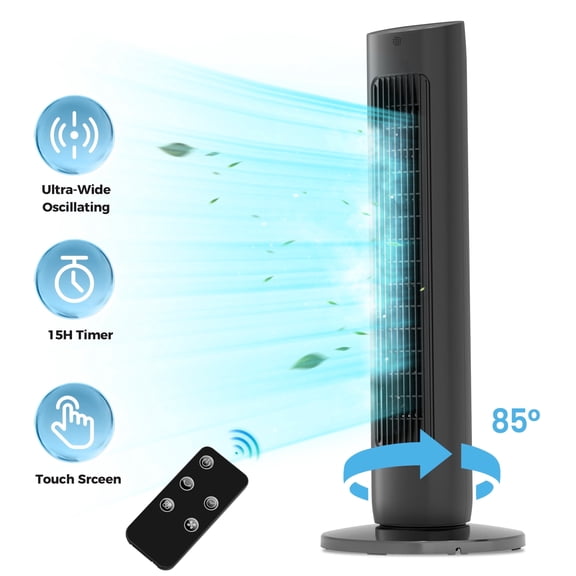 KISSAIR 30" Bladeless Tower Fan with Remote, 3 Speeds, 2 Modes, 85° Oscillation, 15H Timer, LED Display, Quiet Cooling Fan for Bedroom & Office, Black