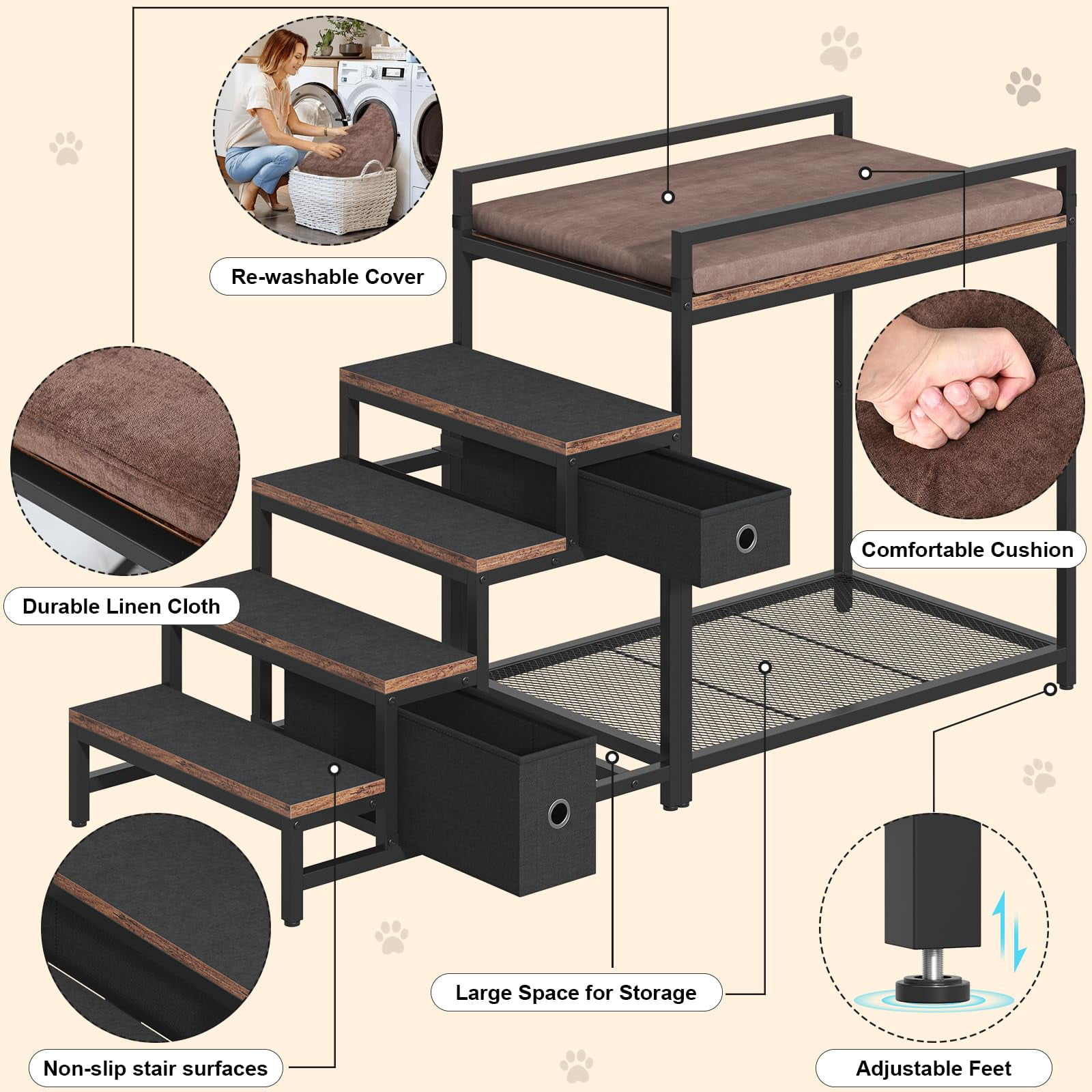 Pet Bunk Bed with Stairs Storage Drawers, Multi-Level Elevated Dog Cat Bed for Window Perch or Bedside Lounge, Foam Upholstered Platform, Black