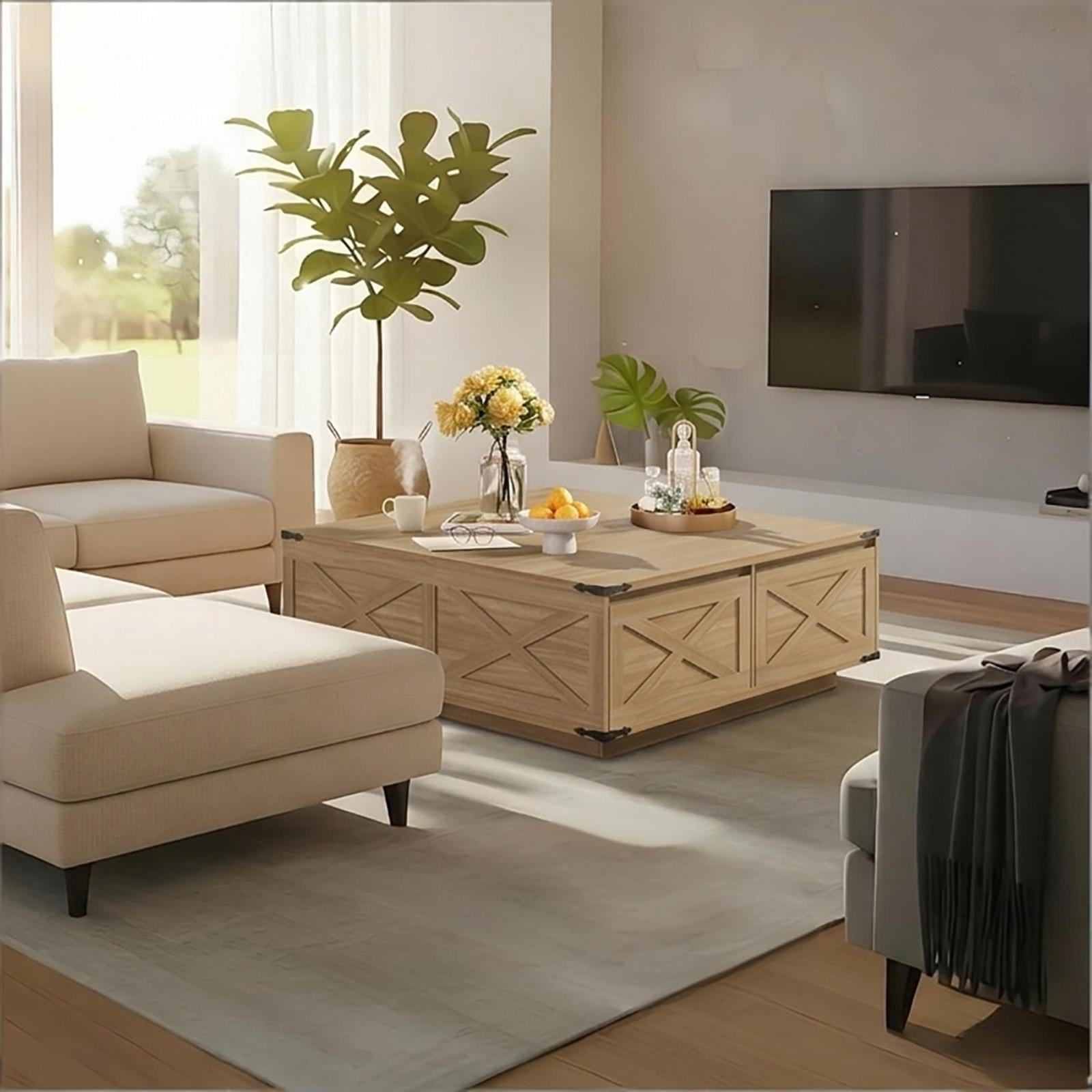 47" Farmhouse Square Coffee Table with 4 Storage Drawers, Rustic Wood Center Table for Large Living Room & Sectional Sofa, Modern Floating Base Design