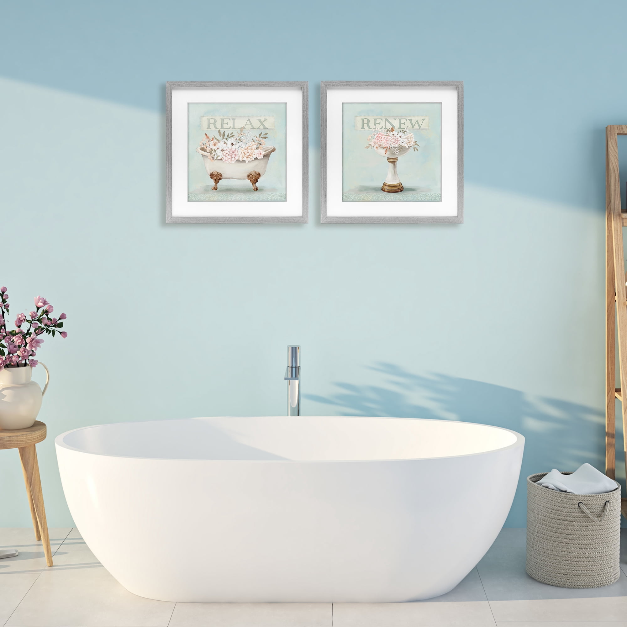 Stupell Industries Antique Florals Relax Renew 2 Piece Gray Framed Print Under Glass Set, design by Mollie B.