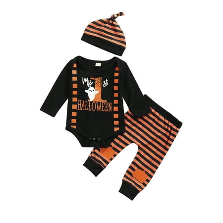 

JYYYBF 3pcs Halloween Baby Boys Clothes Sets 0-18M Ghost Letter Long Sleeve Gentleman Romper Striped Pant Hats Orange 0-6 Months