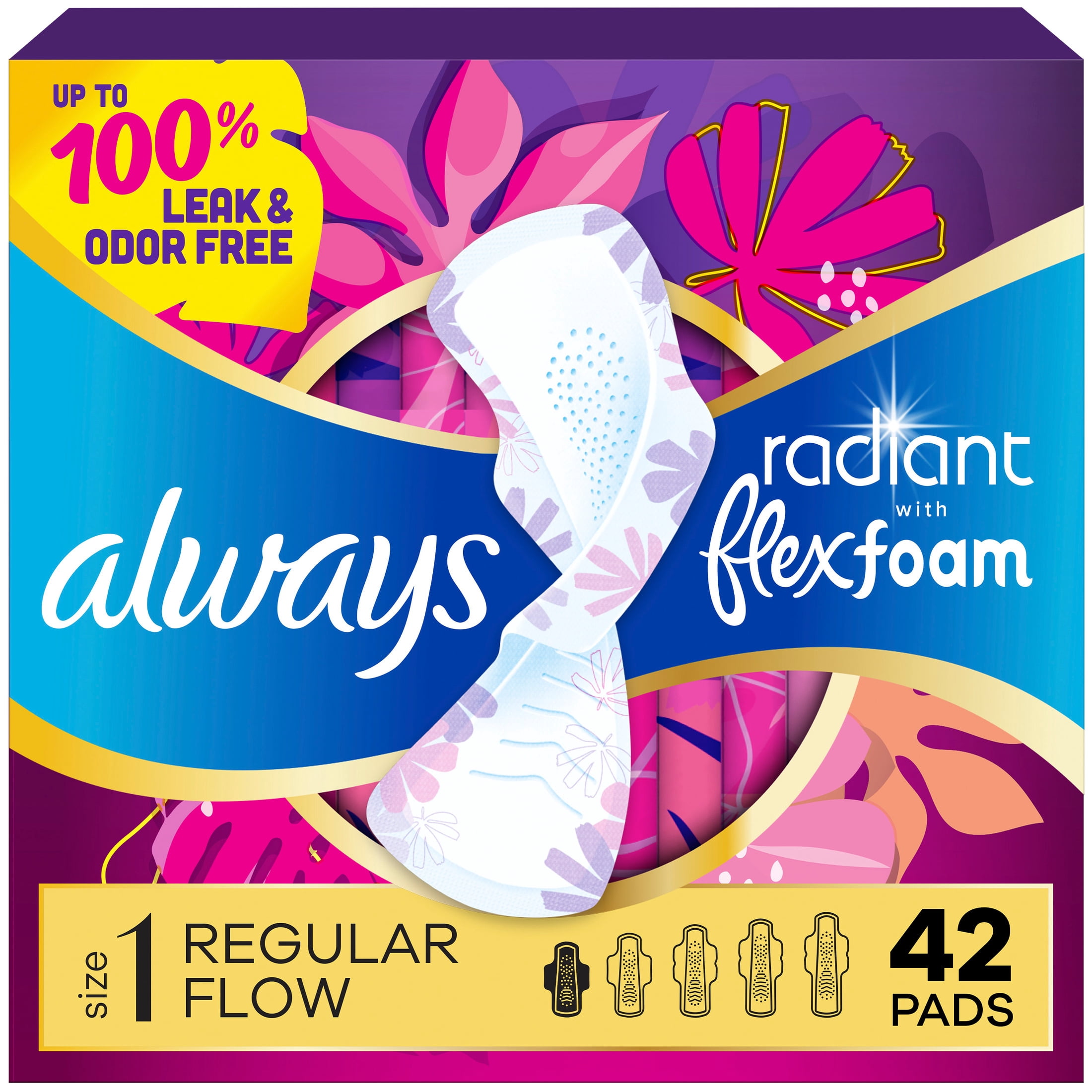 (6 pack) Always Radiant with FlexFoam Pads, Size 1, Regular, Wings, 42 Count