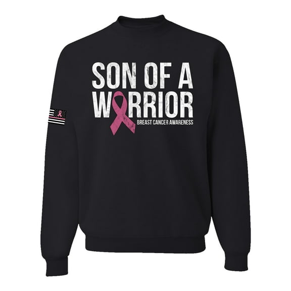 Wild Bobby Son of A Warrior Breast Cancer Ribbon US Flag Breast Cancer Awareness Unisex Crewneck Sweatshirt, Black, Small