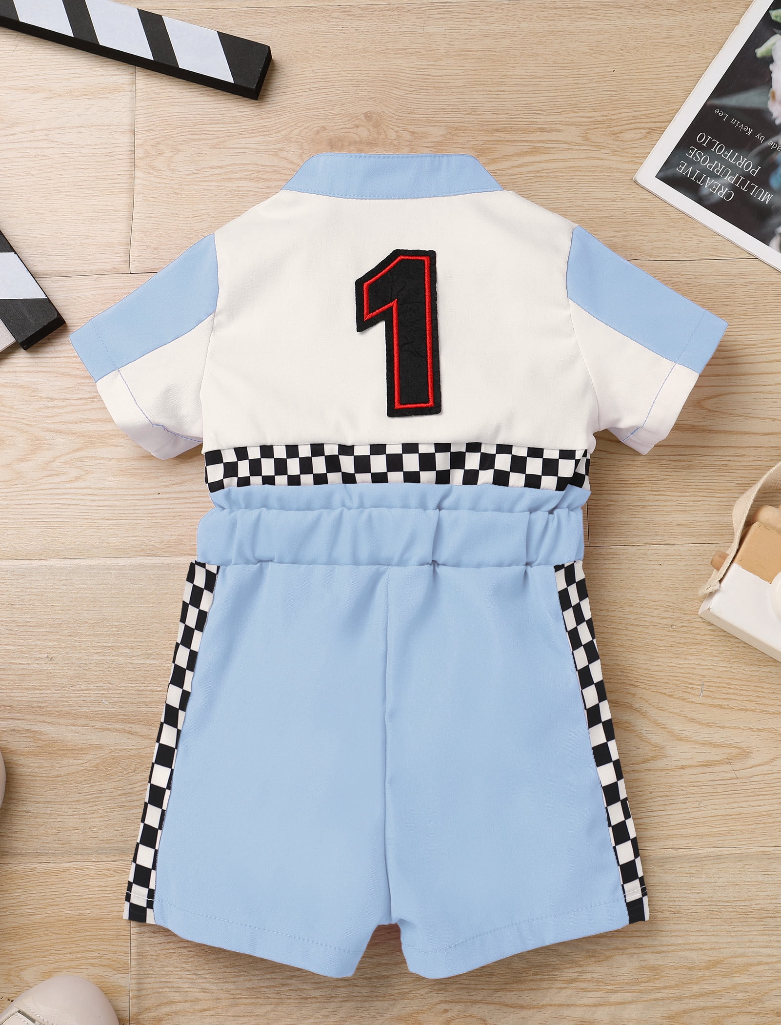 IDOPIP Baby Race Car Driver Outfit Boys Girls 1st 2nd 3rd 4th Birthday Cake Smash Photoshoot Clothes Short Sleeve Racer Romper 12-18Months Blue