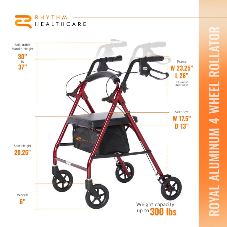 Rhythm Healthcare, Royal Aluminum Rollator, Lightweight, Red