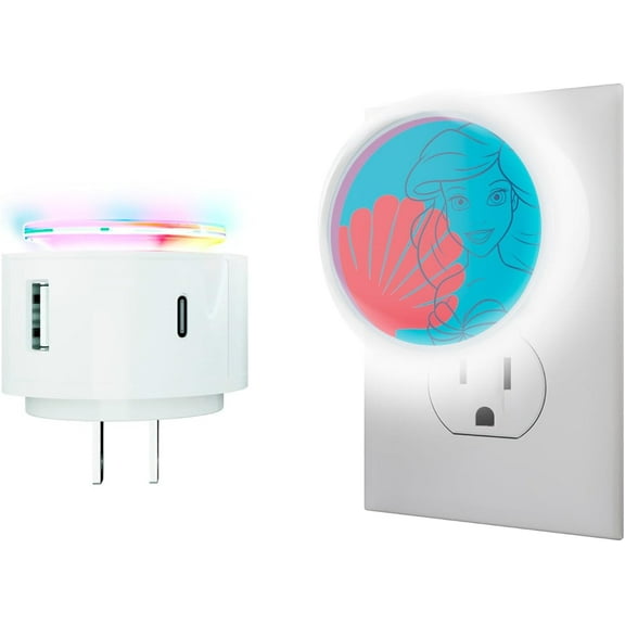 Disney Ariel LED Night Light and USB Charger - The Little Mermaid with 6 Light Modes and Type-C Port