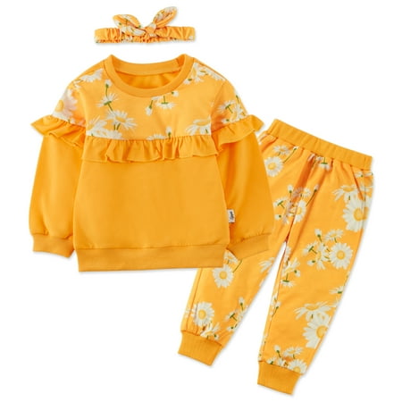 

Synpos Toddler Baby Girl Ruffled Pullover Sweatshirt+ Leopard Print Pants+Haadband 3PCS