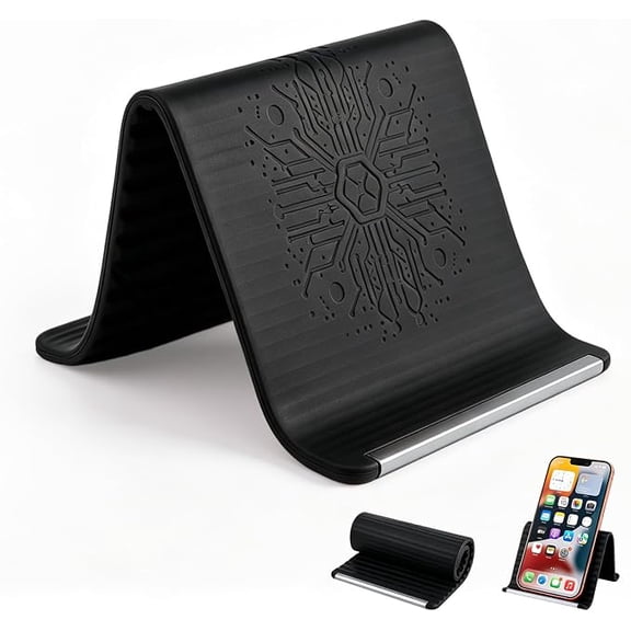Portable Foldable Silicone Aluminum Phone Holder, Adjustable Phone Stand for Smartphone Tablet Laptop, Non-Slip Desk Travel Bed Office Treadmill Stand (Black)