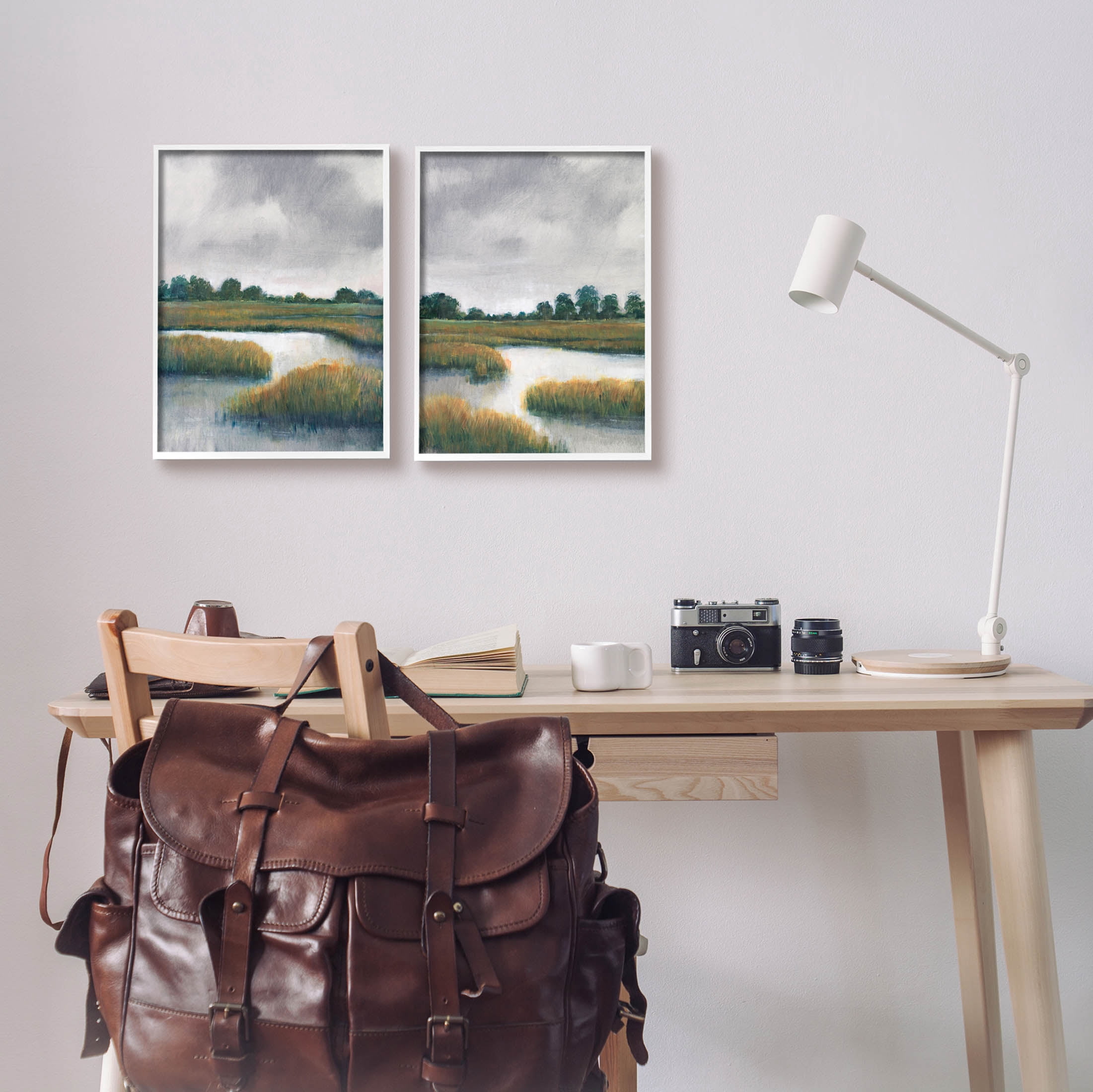 Stupell Industries Grassy Rural Marshland Landscape Painting White Framed Art Print Wall Art, Set of 2, Design by Tim OToole