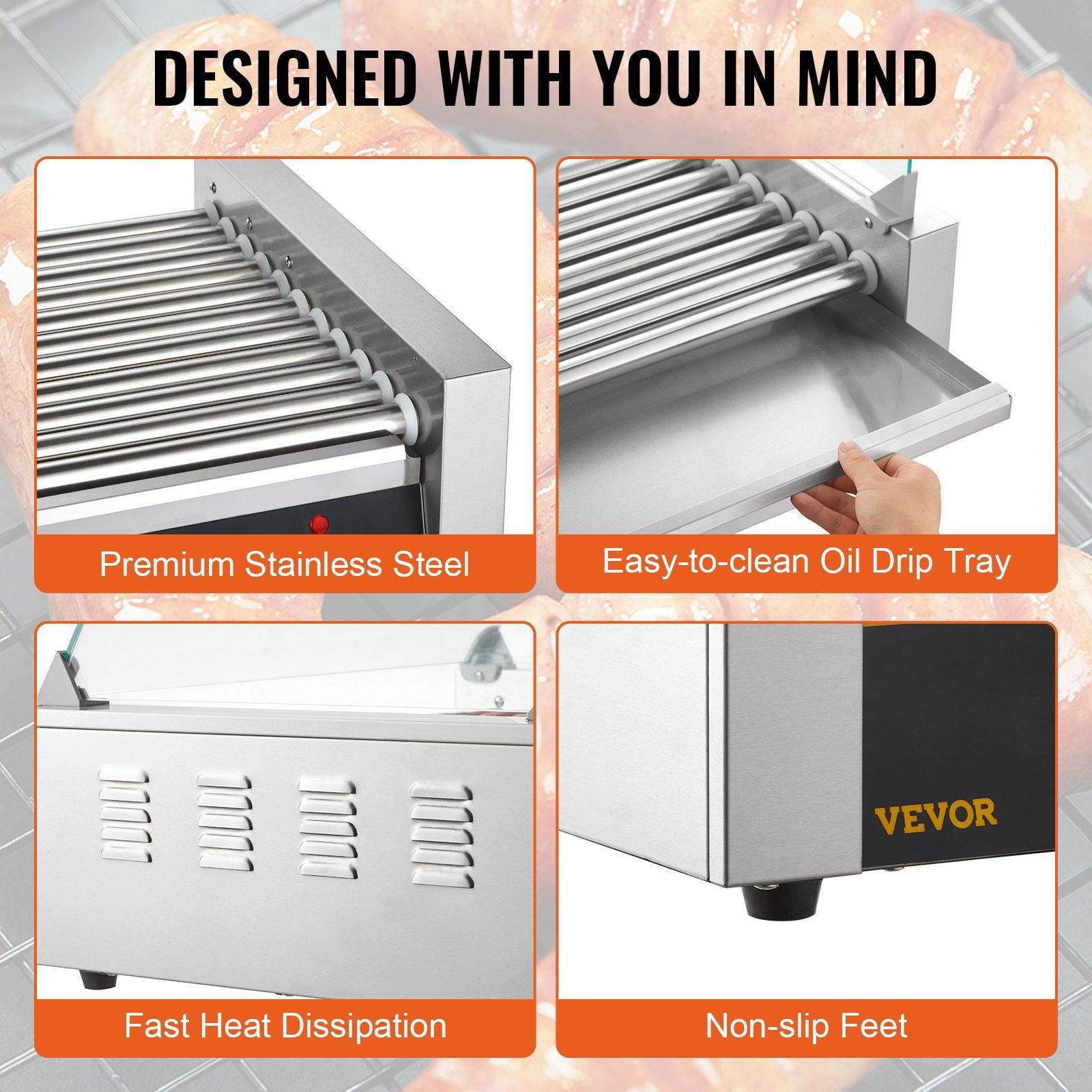 11-Roller Hot Dog Cooker, 1650W Stainless Steel Sausage Grill w/ Dual Temp Control, 30-Capacity, Glass Hood & Bun Warmer, ETL Certified