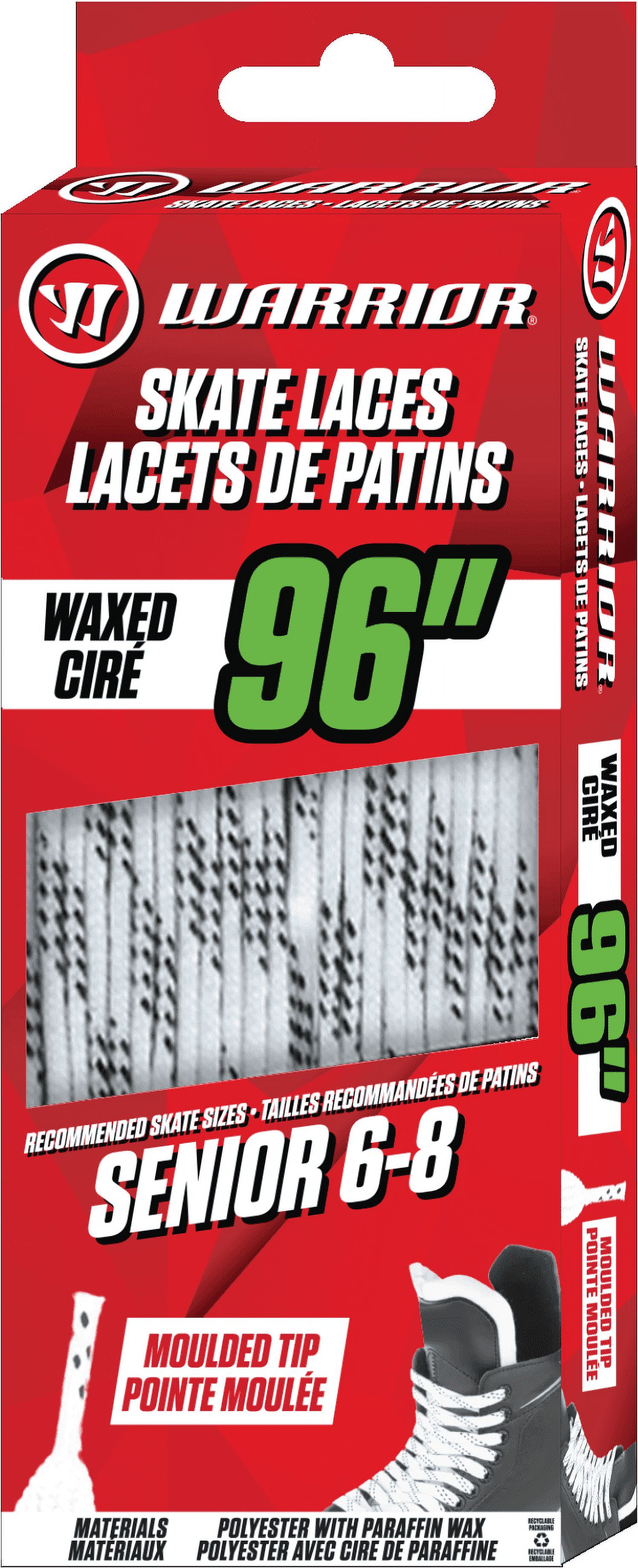 Warrior Waxed Hockey Skate Laces, Senior Sizes 6–8, Secure Grip – White, 96″