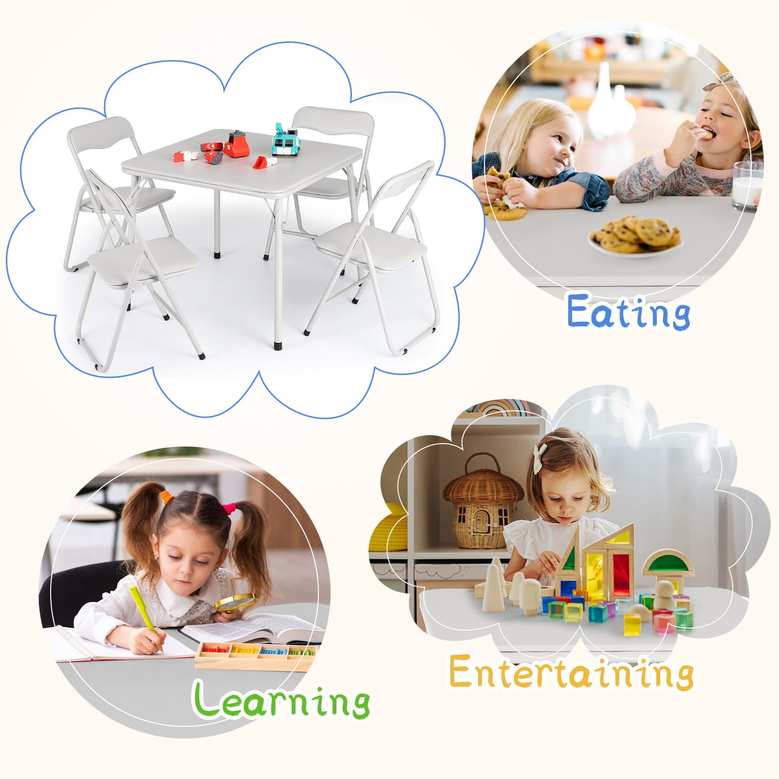 Folding Card Table and Chair Set of 5, Upholstered Foldable Table and Chair Set, Portable Metal Frame Children's Activity Table and Chairs Set for Eating, Reading, Playing, Beige
