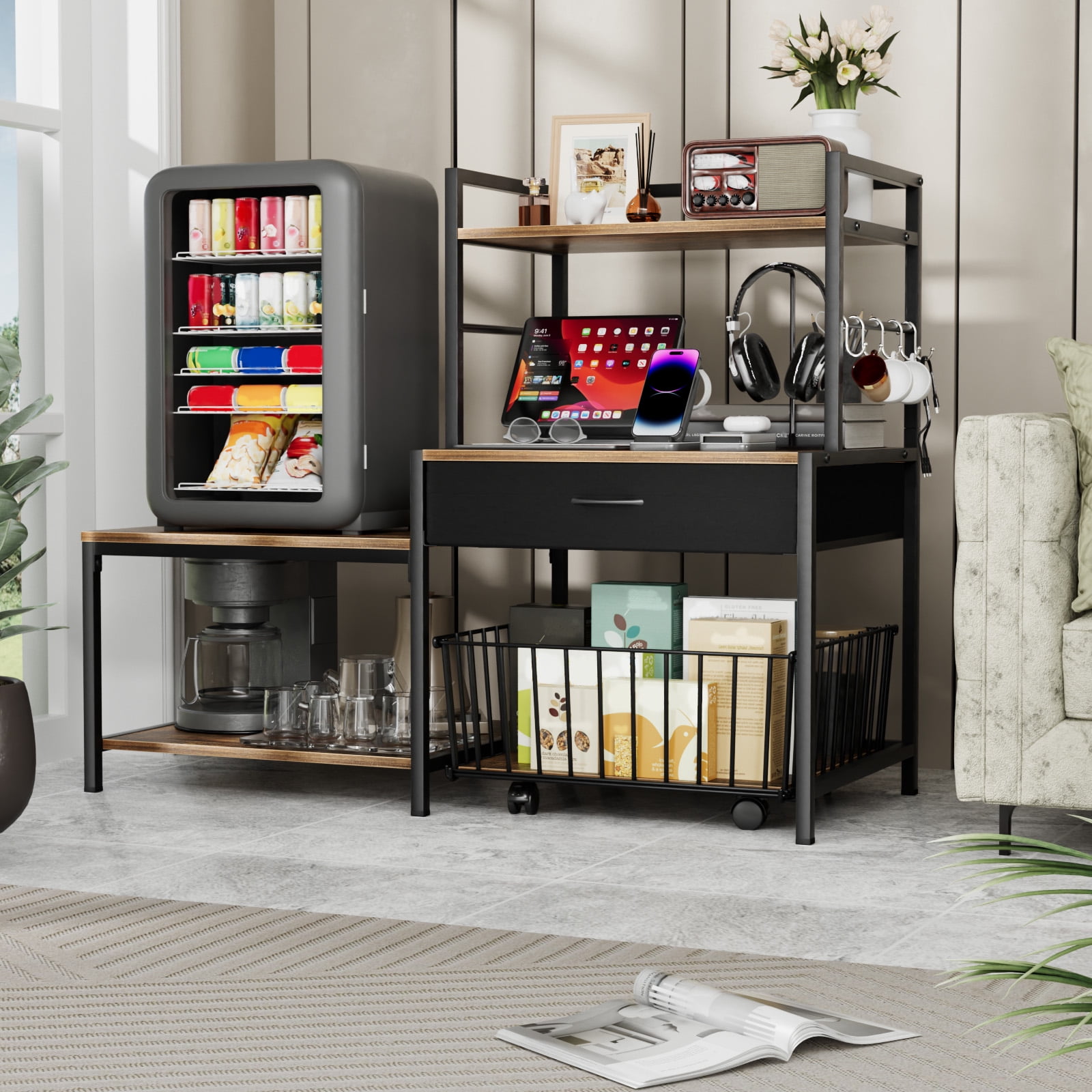 ModFurne Mini Fridge Stand with Storage, Mini Refrigerator Stand with Power Outlet, Wine Fridge Table with Movable Storage Basket for Dorm Home Use (Brown)