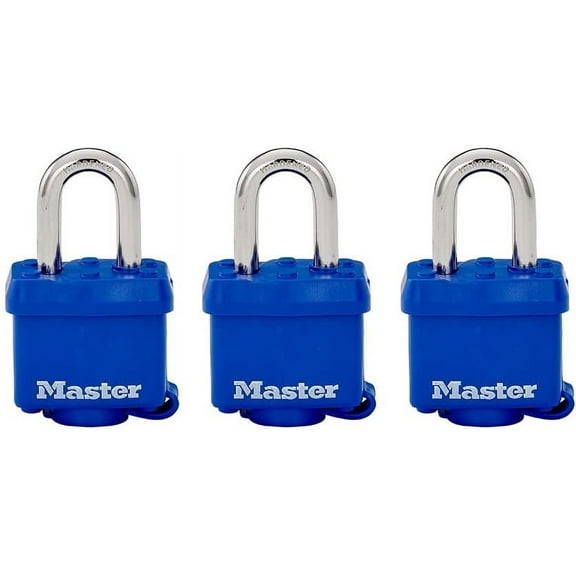 Master Lock 312TRI Laminated Padlock with Key & Thermoplastic Shell, Blue, Pack of 3 Keyed-Alike