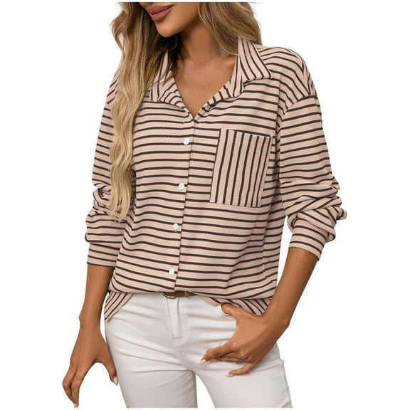Dgankt Oversized Tshirts for Women Striped Pocket Blouses Long Sleeved Button up Turndown Collar Casual and Fashionable Top,Size S-2XL